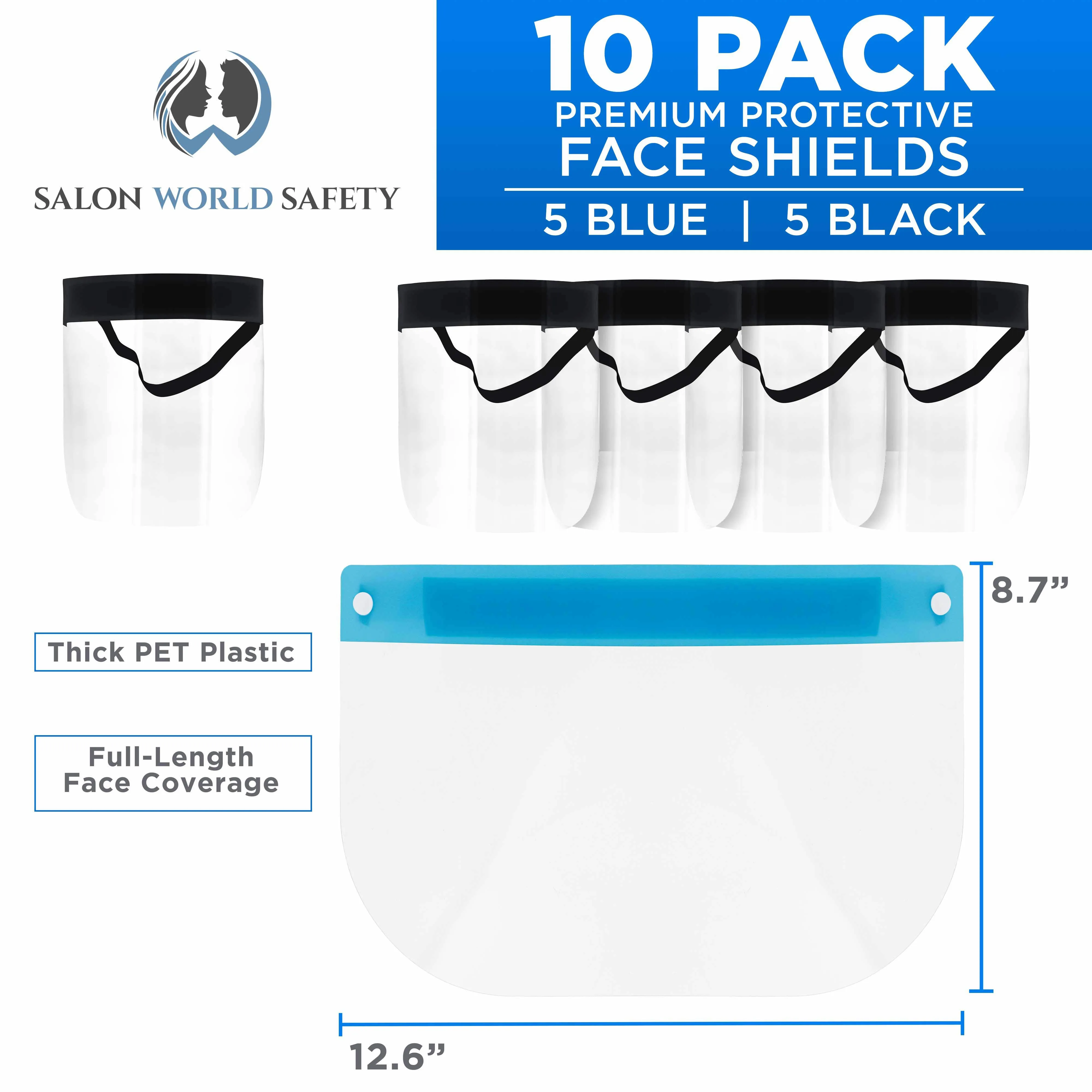 5-Black & 5-Blue Face Shields - Ultra Clear Protective Full Face Shields to Protect Eyes, Nose and Mouth - Anti-Fog PET Plastic, Elastic Headband
