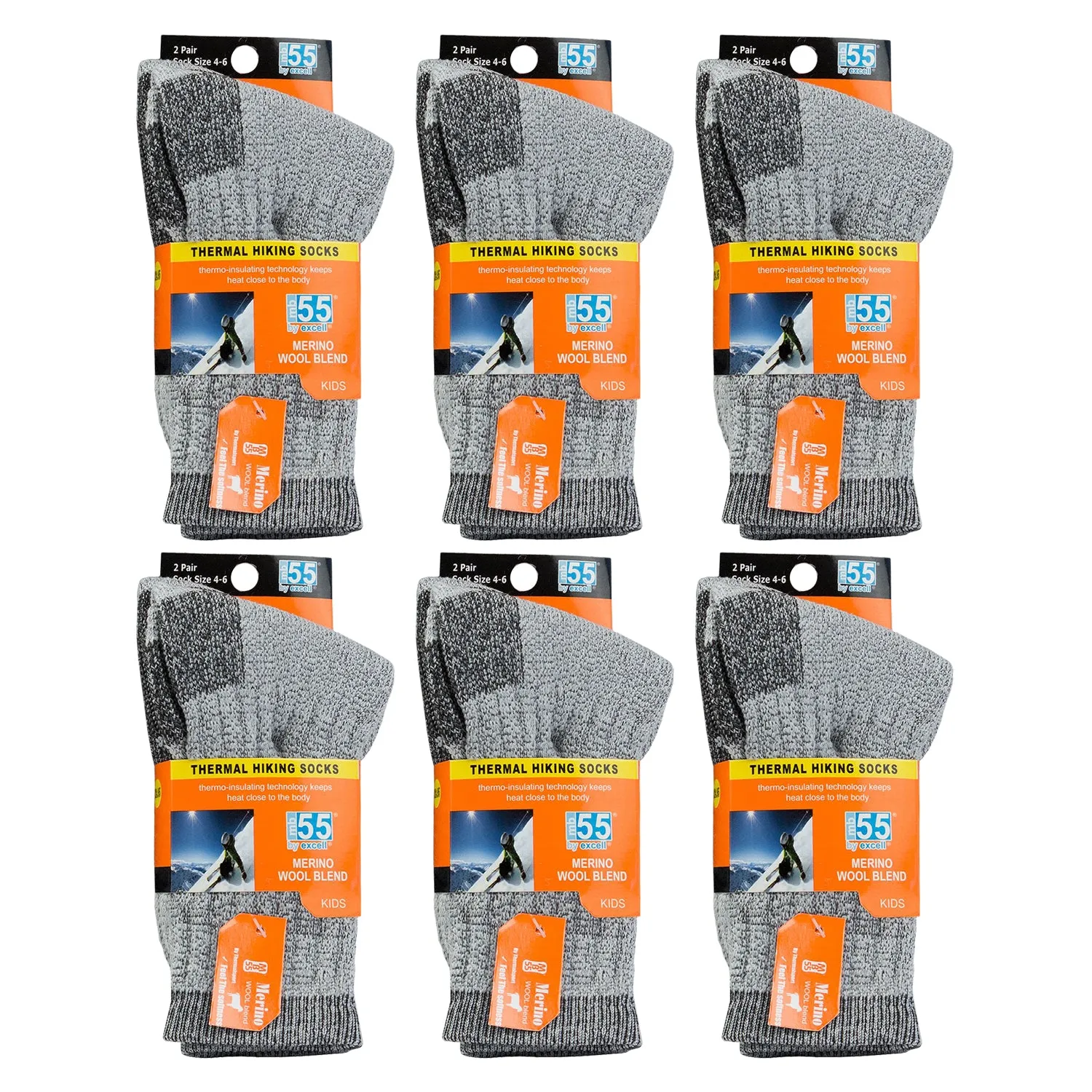 6 Pairs of Kids Merino Wool Thermal Hiking Winter Socks, Grey
