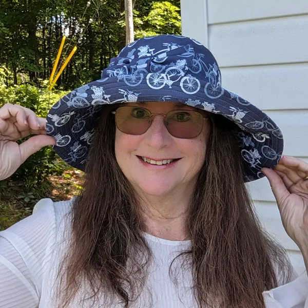 Big Brim Beach Hat, with bow and pretty bike inspired print in blues