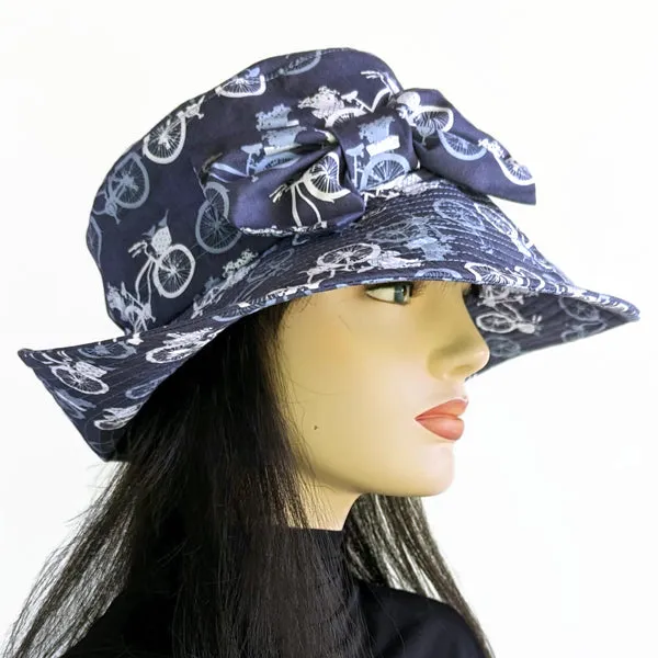 Big Brim Beach Hat, with bow and pretty bike inspired print in blues