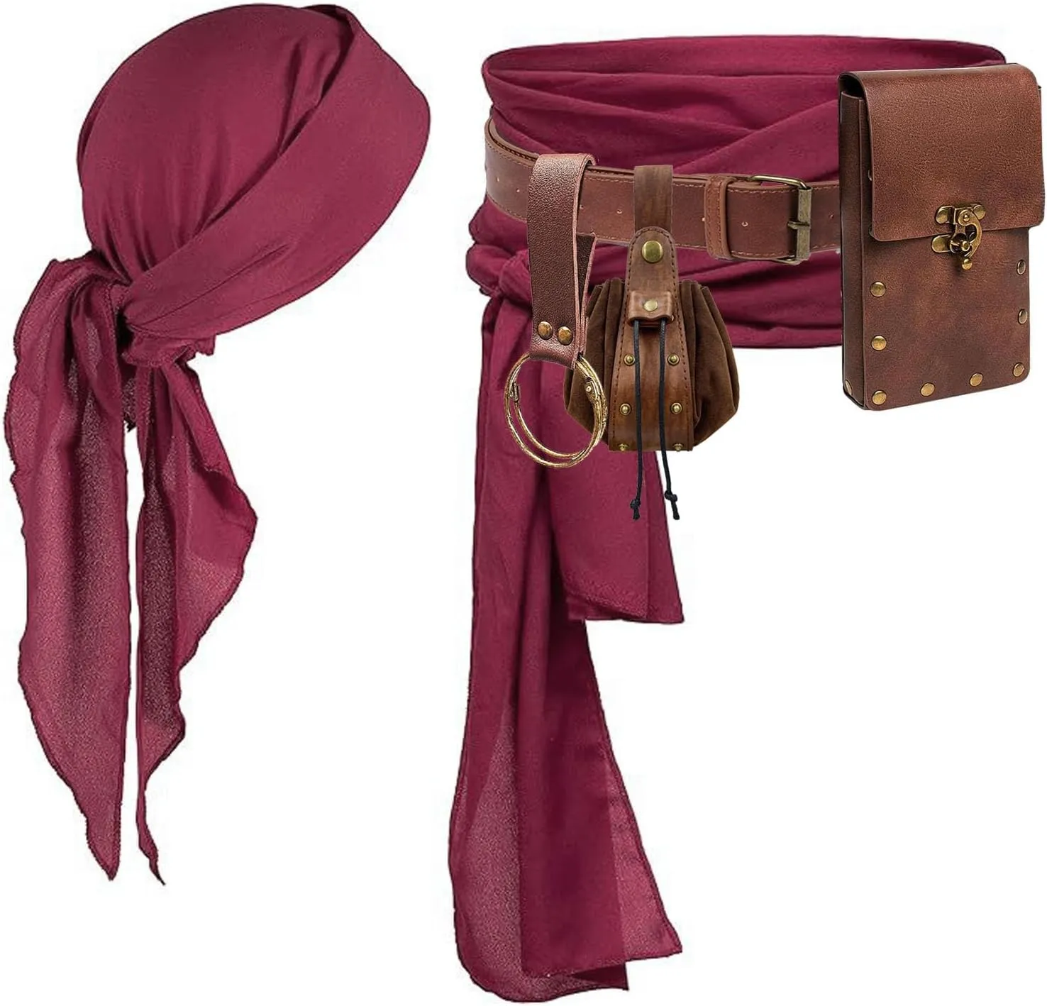 KOTORA Pirate Costume Pirate Head Scarf Bandanas Belt Waist Sash Medieval Belt Pouch Coin Purse Leather Hook Festival Sets