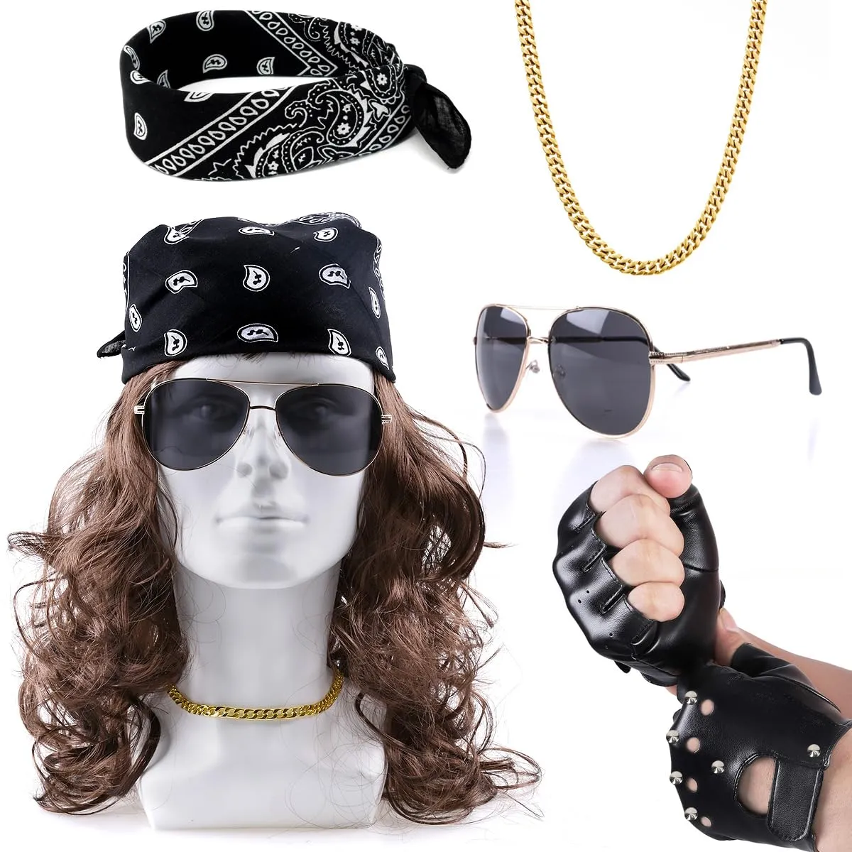 MOVINPE 80s Rocker Wig for Men Eddie Rockstar Accessories Bandana Sunglasses Gloves Necklace Long Crimpy Bangs 80s Halloween Mullet Wigs (Long/Wavy/Brown)
