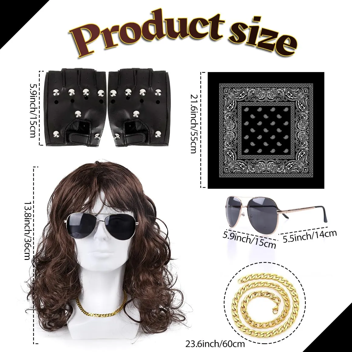 MOVINPE 80s Rocker Wig for Men Eddie Rockstar Accessories Bandana Sunglasses Gloves Necklace Long Crimpy Bangs 80s Halloween Mullet Wigs (Long/Wavy/Brown)