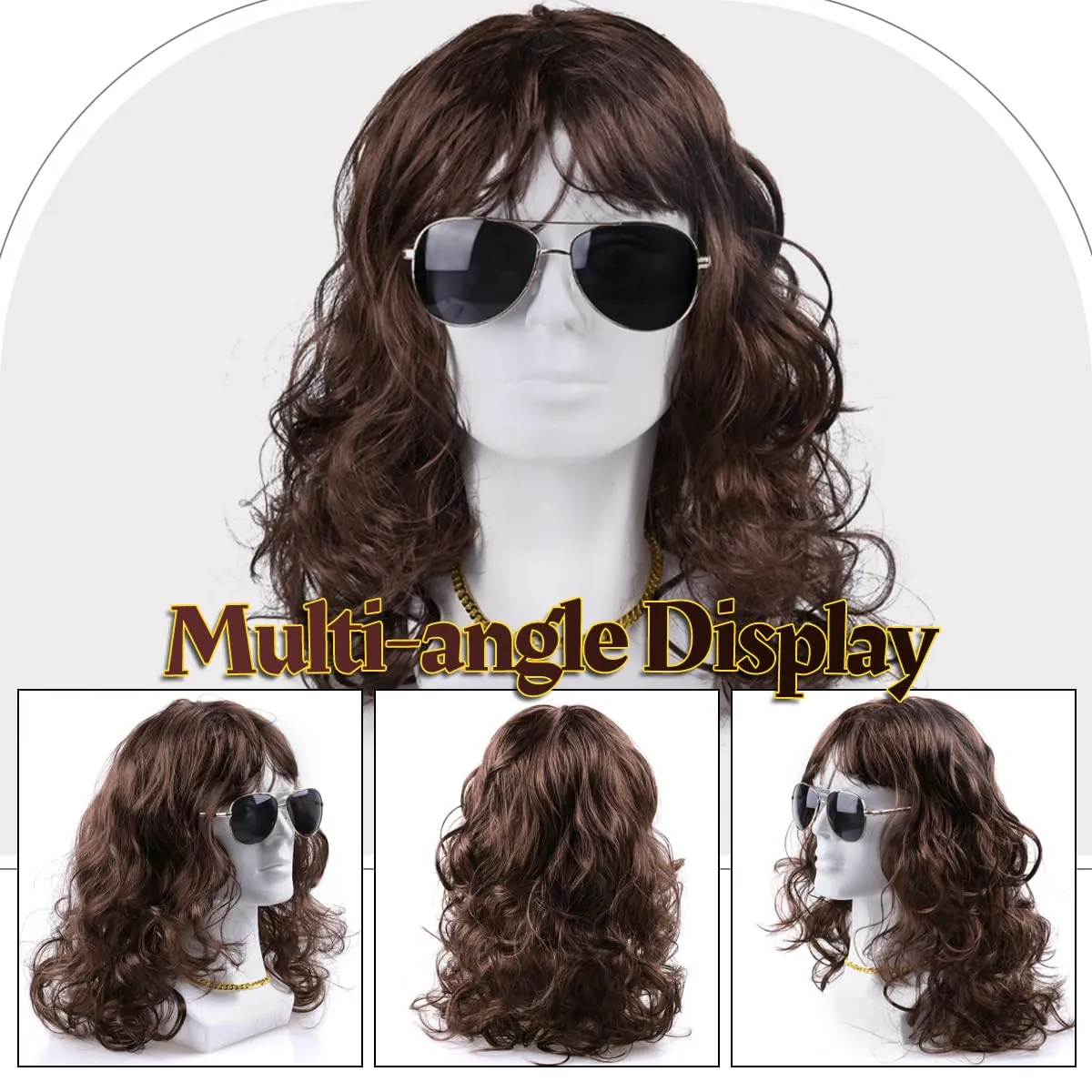 MOVINPE 80s Rocker Wig for Men Eddie Rockstar Accessories Bandana Sunglasses Gloves Necklace Long Crimpy Bangs 80s Halloween Mullet Wigs (Long/Wavy/Brown)