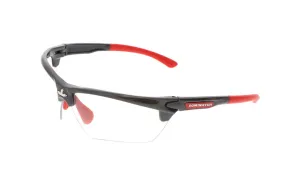 Protective Glasses - MCR Safety Dominator™ DM3 Series Clear MAX6® Anti-Fog Lens Gun Metal Frame w/ Red Adjustable Wire Core Temples & Nose Piece DM1310PF