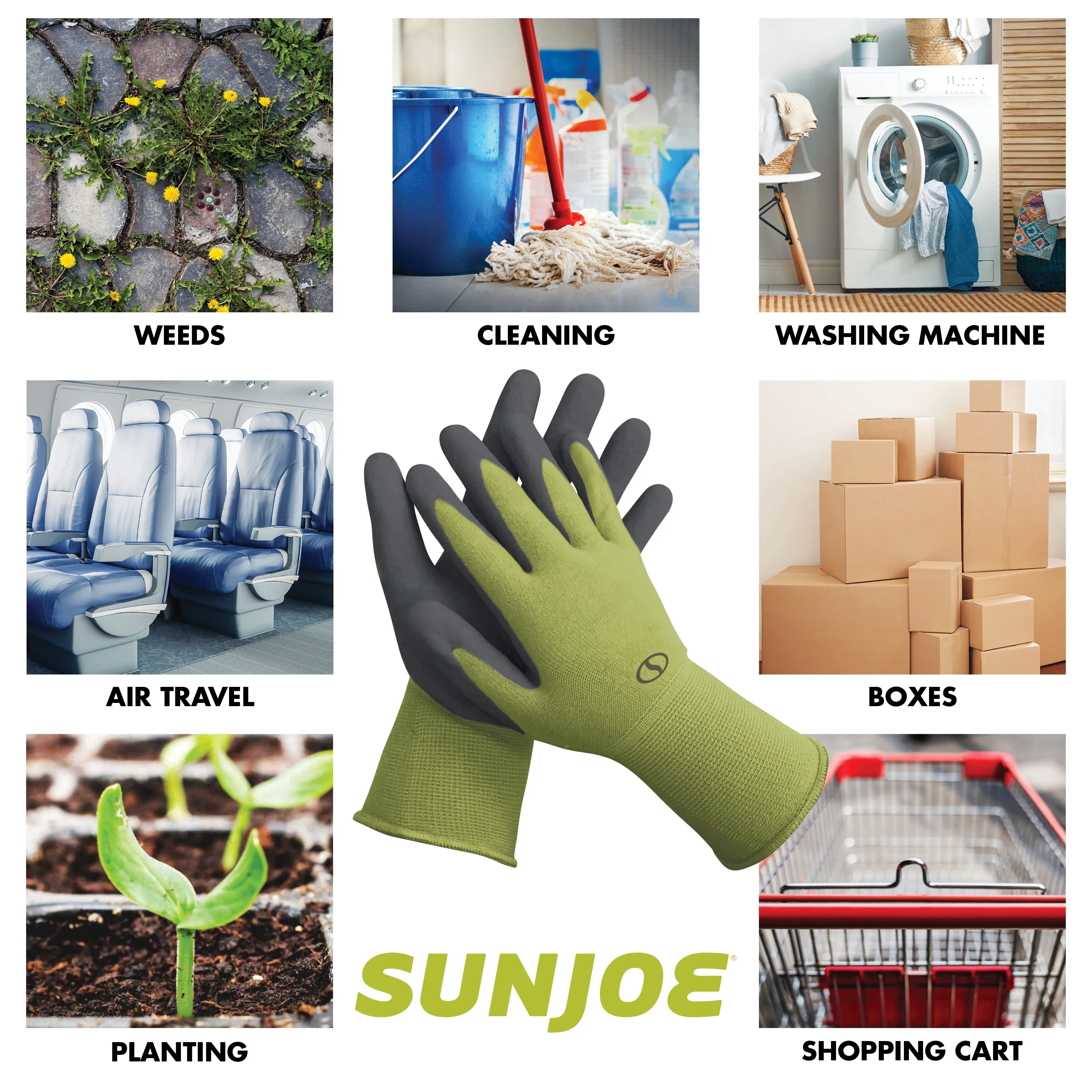 Sun Joe GGNP-S3-SJG Nitrile-Palm Reusable/Washable Gloves for Gardening, DIY Work, Cleaning, and More | Tactile | One Size Fits Most | 3-Pack (Green)