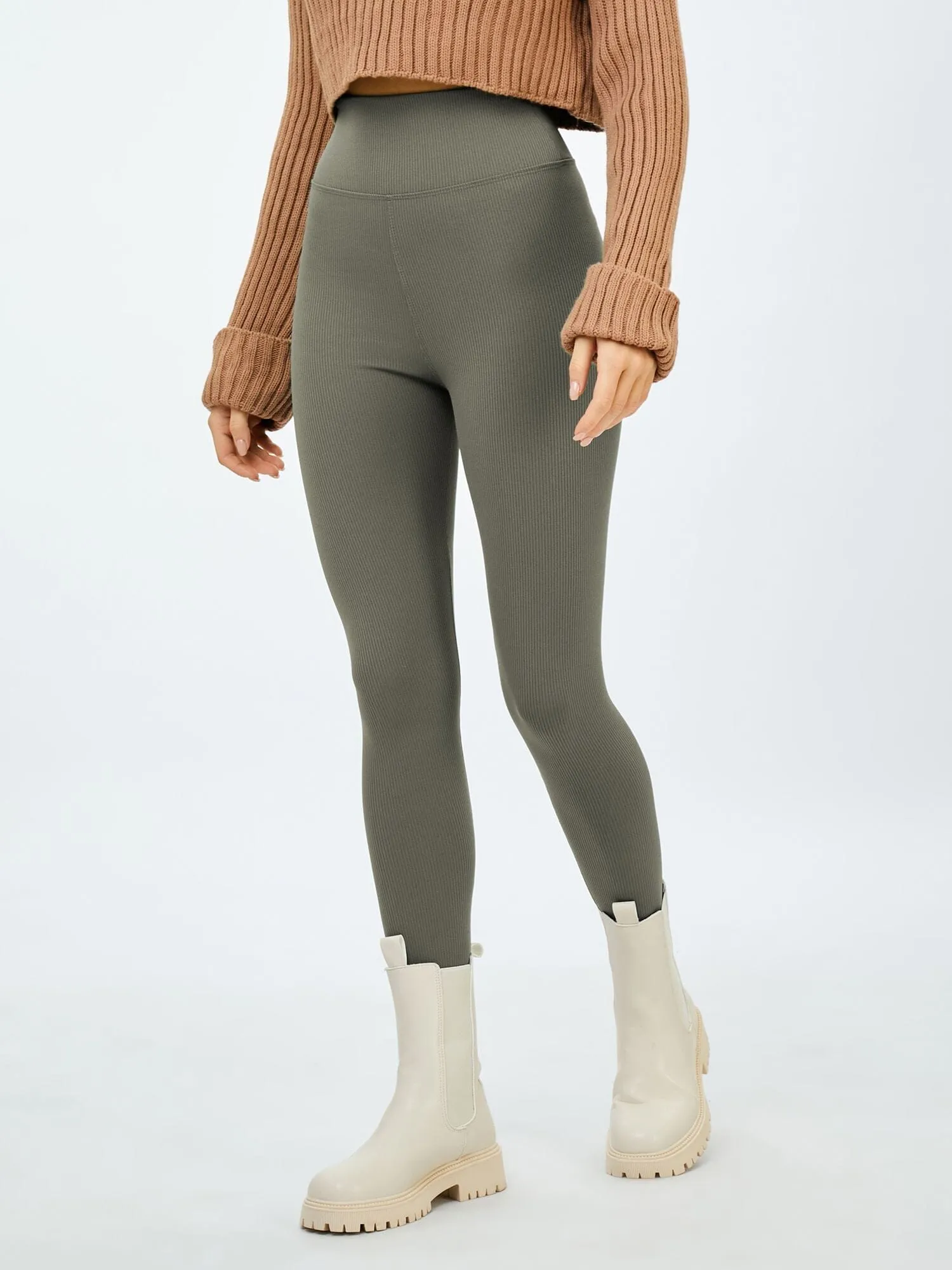 Womens Irem Fleece Lined Ribbed Leggings Olive